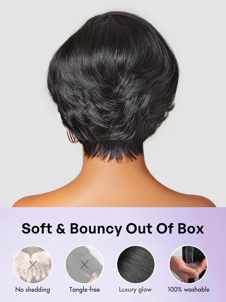 Luvme minimalist lace wig with pre-cut, glueless pixie cut design in natural black hair, showcasing a sleek, minimal style.