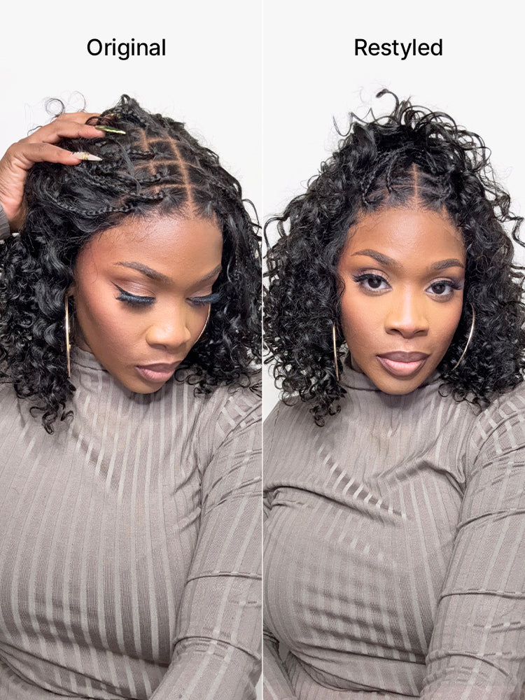 Luvme Hair Readitress™ Boho Braids deep curly glueless 5x5 lace closure wig with braided top, human hair, pre-cut lace.
