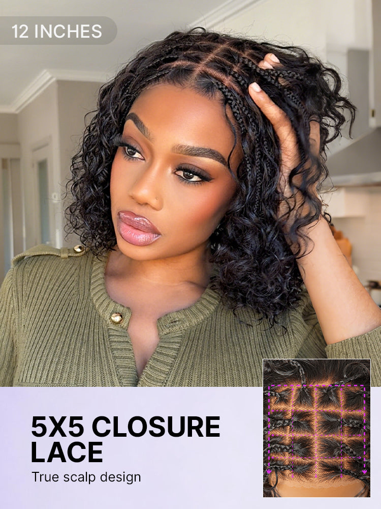 Luvme Hair Readitress™ Boho Braids deep curly glueless 5x5 lace closure wig with braided top and pre-cut lace, human hair.