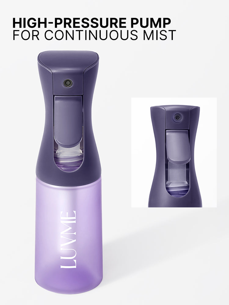 Luvme Hair continuous ultra-fine mist spray bottle for hairstyling and cleaning, shown empty with clear plastic design.