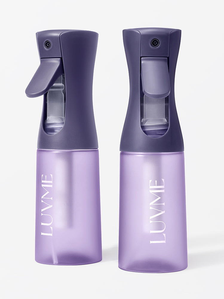 Luvme Hair continuous ultra-fine mist spray bottle for hairstyling and cleaning, empty and lightweight with a clear plastic design.