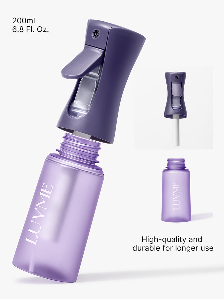 Luvme Hair continuous ultra-fine mist spray bottle for hairstyling and cleaning, empty with a clear plastic design