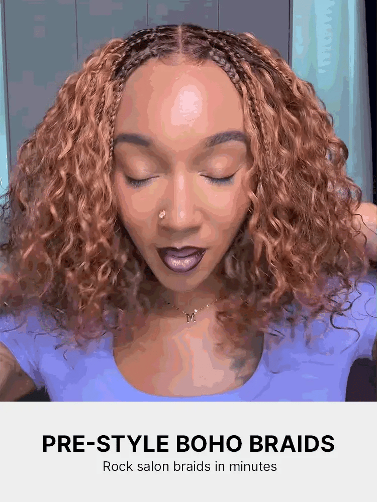 Luvme Hair Readitress™ Boho Braids deep curly human hair wig with 5x5 lace closure and braided top, pre-cut lace for styling.