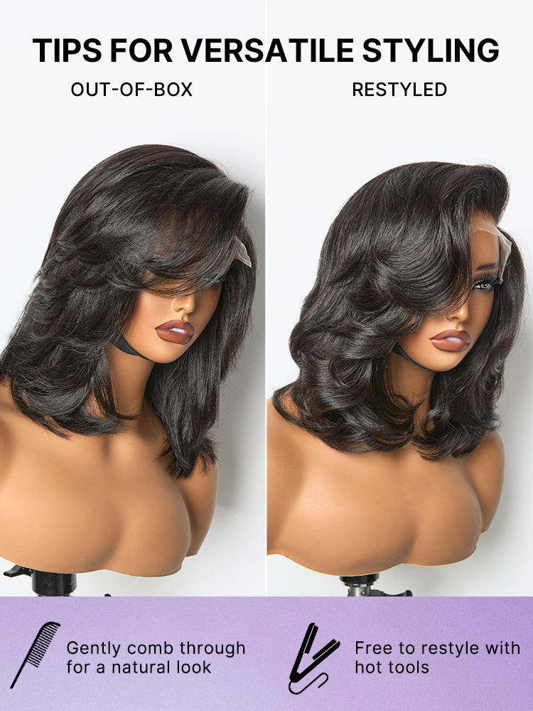 Luvme Hair butterfly cut layered wavy glueless HD lace short wig with minimalist lace and natural hairstyle.