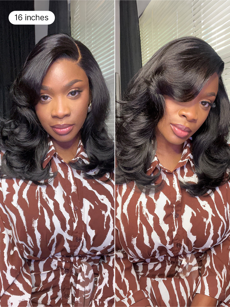 Luvme Hair butterfly cut layered wavy short lace wig with glueless design and minimalist HD lace, showcasing natural wave pattern.