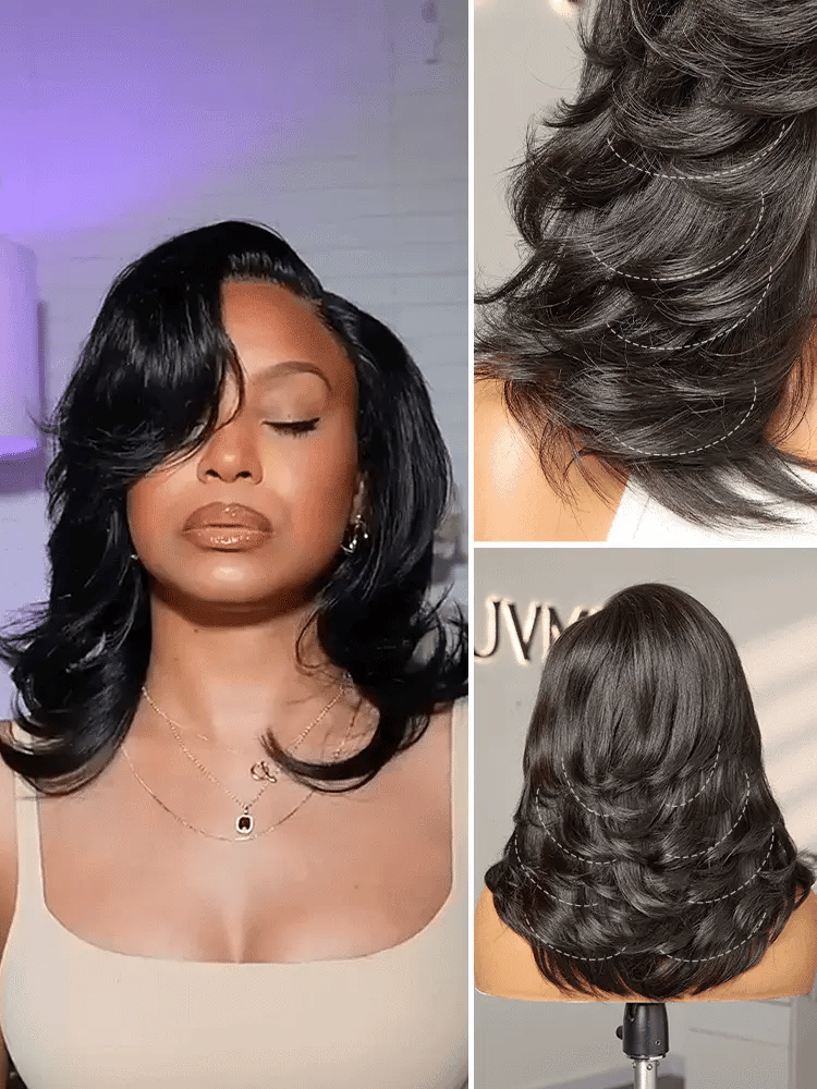 Effortlessly Chic Butterfly Cut Layered Wavy Glueless HD Minimalist Lace Short Wig-53