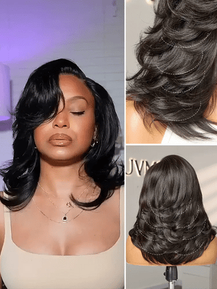 Luvme Hair butterfly cut layered wavy glueless HD minimalist lace short wig with a chic, natural look and soft, flowing waves.