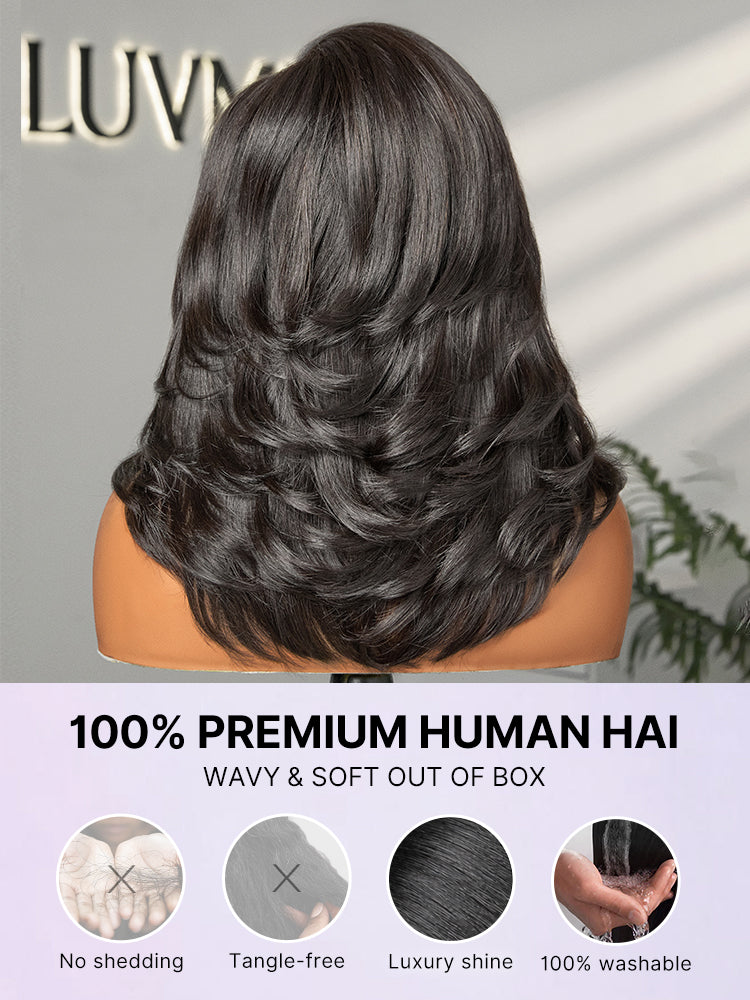 Luvme Hair butterfly cut layered wavy lace short wig with minimal lace, glueless design, and HD transparent lace for a natural look.