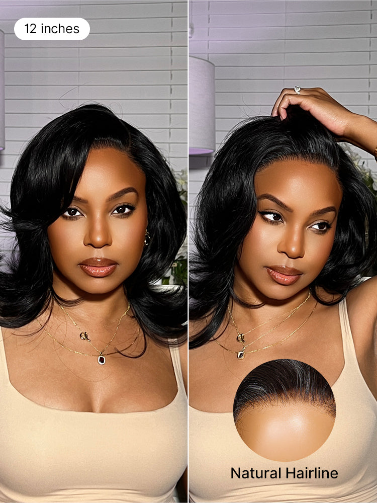 Luvme Hair butterfly cut layered wavy lace short wig with a glueless HD lace, minimalist design and effortless chic style
