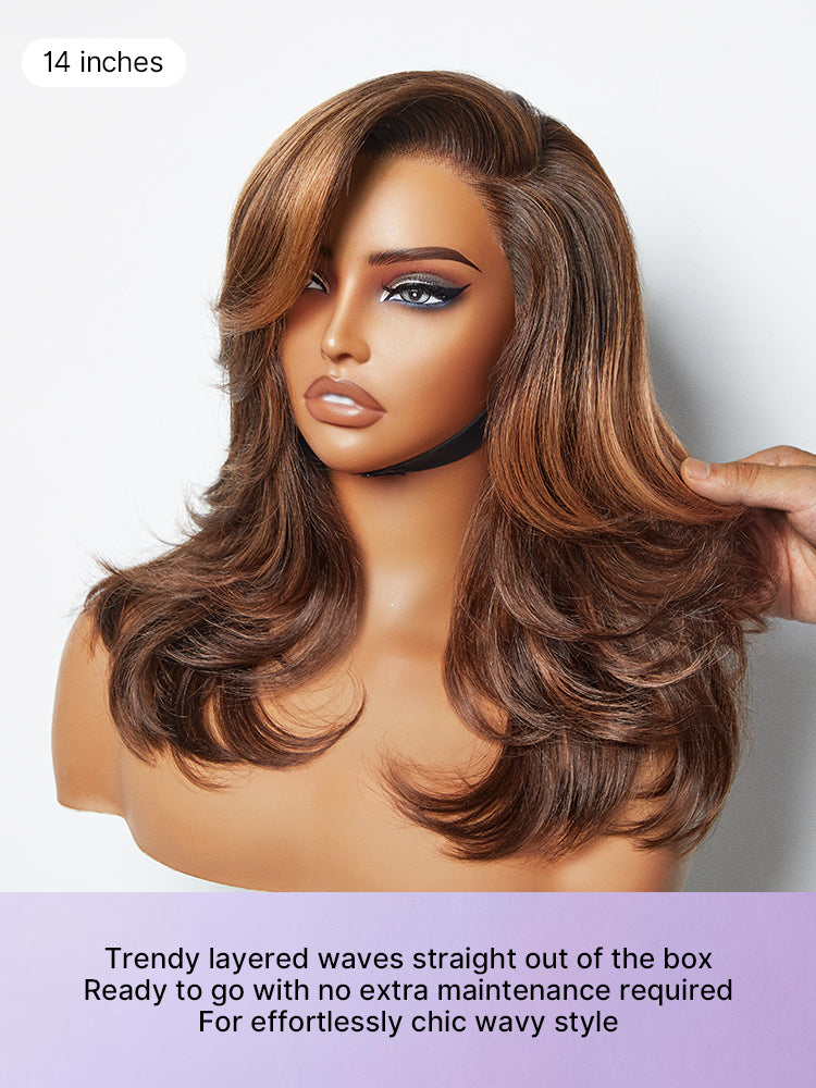Luvme Hair butterfly cut layered wavy glueless HD lace short wig with minimalist style and natural volumized look.