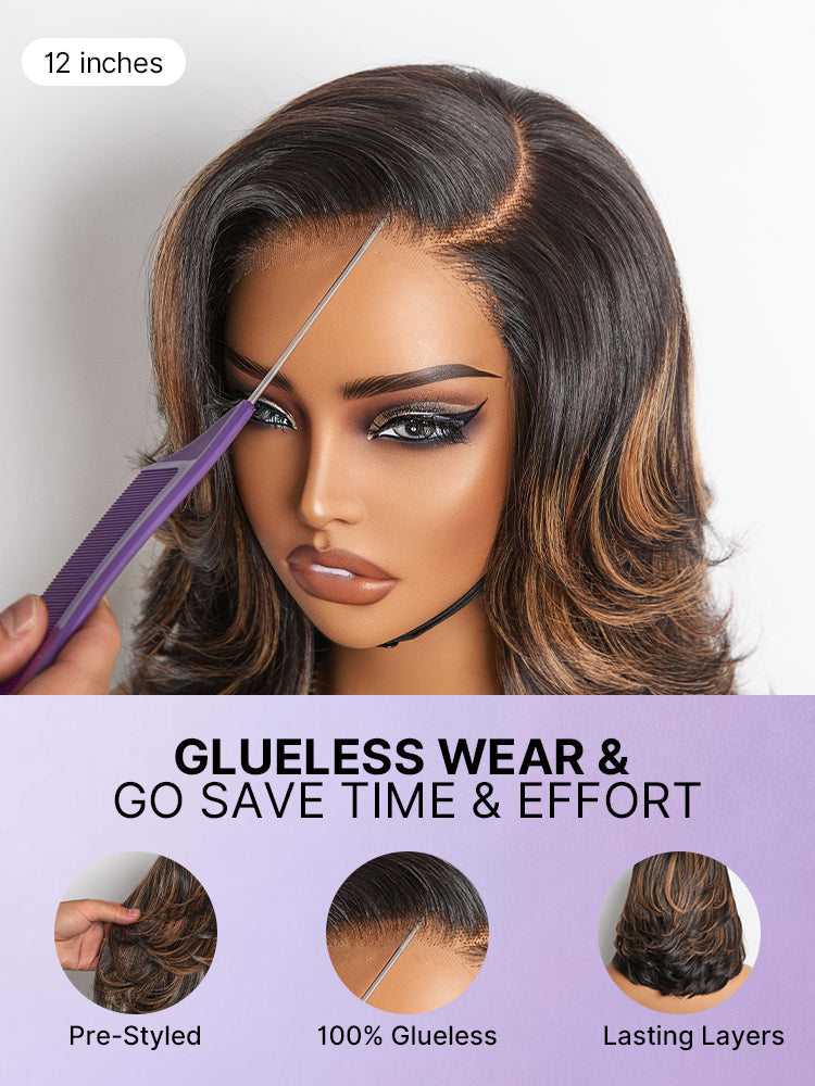 Luvme Hair butterfly cut layered wavy glueless HD lace short wig with minimalist lace design, natural and fashionable hairstyle.