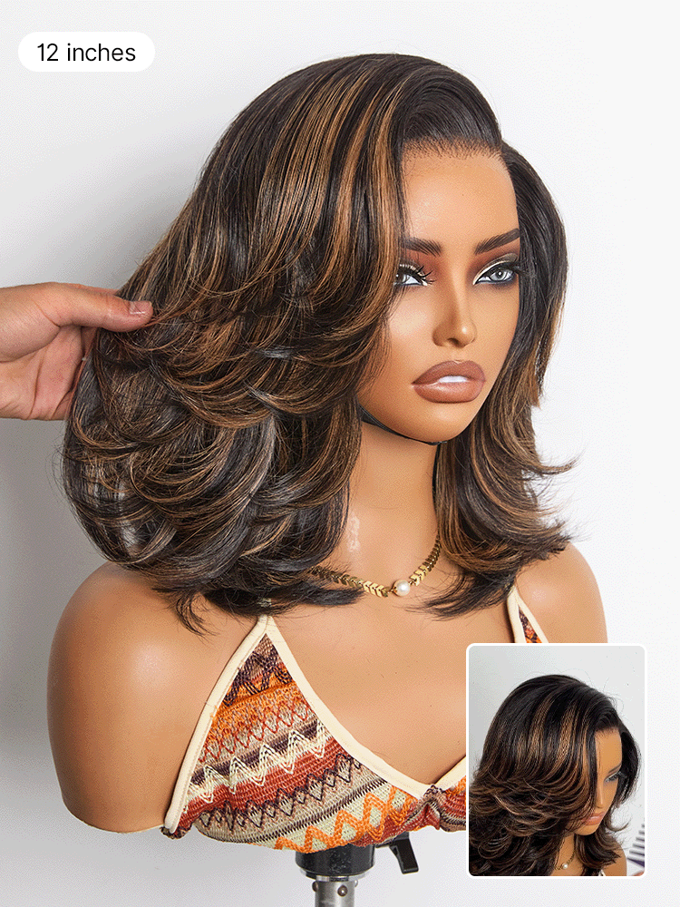 Luvme Hair butterfly cut layered wavy glueless HD minimalist lace short wig showing wavy hairstyle and lace cap details.