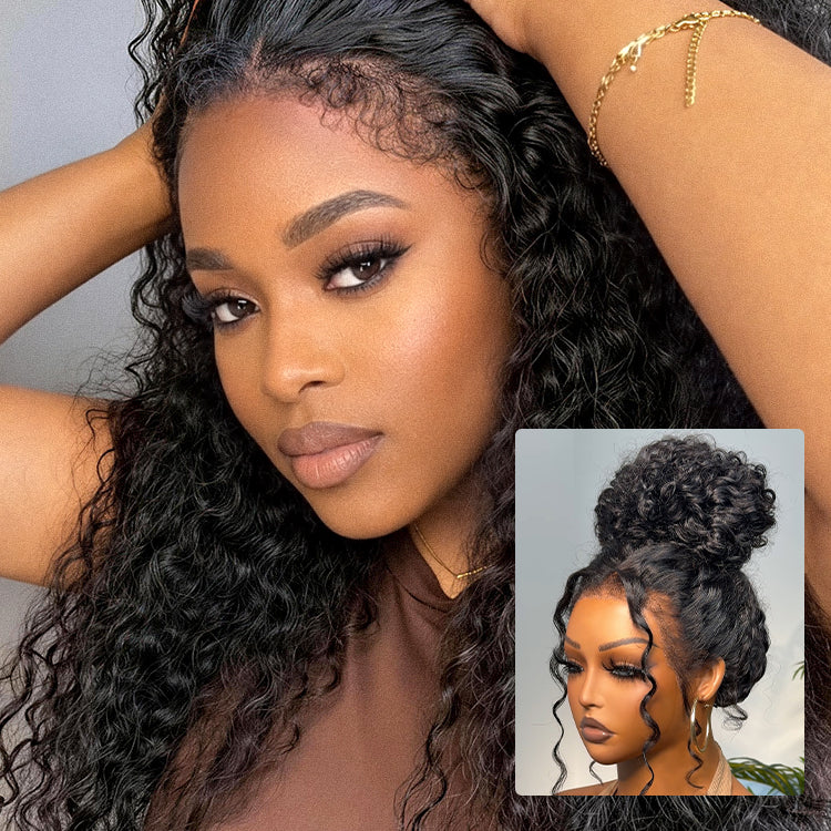 Luvme Hair PreMax water wave curly lace frontal wig with 13x4 pre-cut lace, drawstring, and flexible fit, featuring fluffy, natural curls.