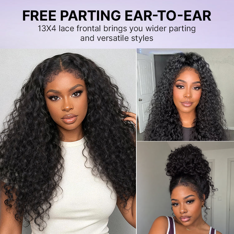 Luvme Hair PreMax water wave curly lace frontal wig with 13x4 pre-cut lace, glueless flexi-fit drawstring, fluffy and natural.