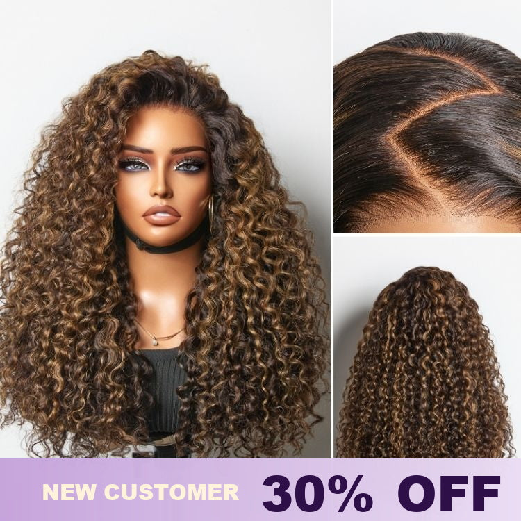 Luvme All-Day Comfort™ Curly HD lace wig with brown highlights, 7x6 closure, glueless, pre-cut lace, Funmi style in natural curls
