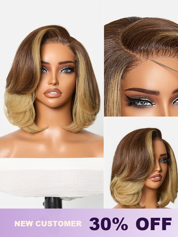 Honey blonde layered bob wig with face-framing highlights, lace closure, and blowout style from Luvme Hair.