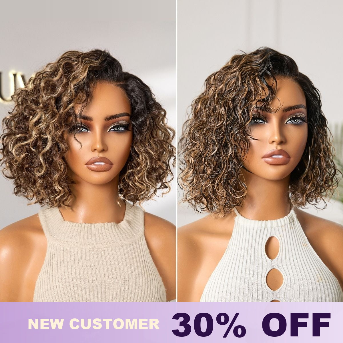 Luvme Hair blonde highlight ombre water wave short curly bob wig with HD lace, glueless, pre-cut lace, natural black and brown shades