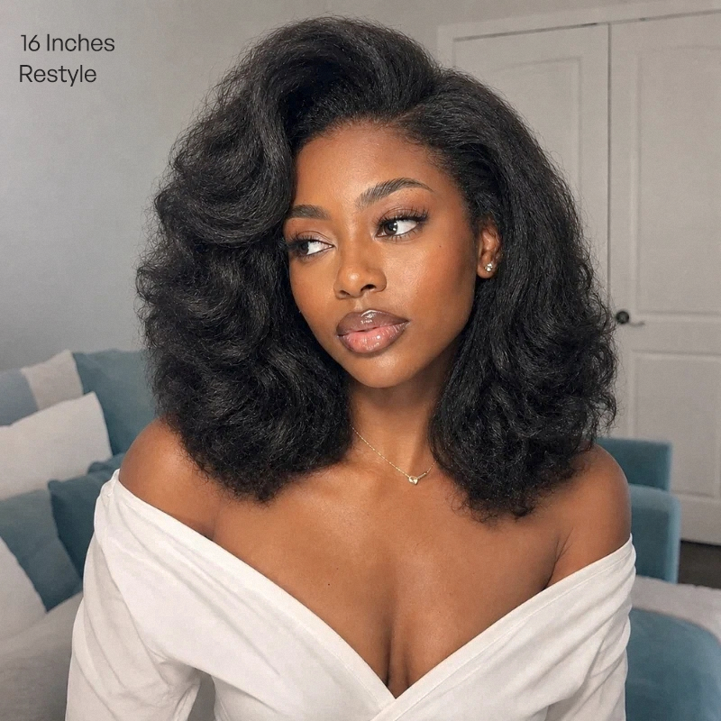 Luvme All-Day Comfort™ HD lace wig in kinky body wave with layered straight parting, 7x6 closure, high-density, pre-cut lace.