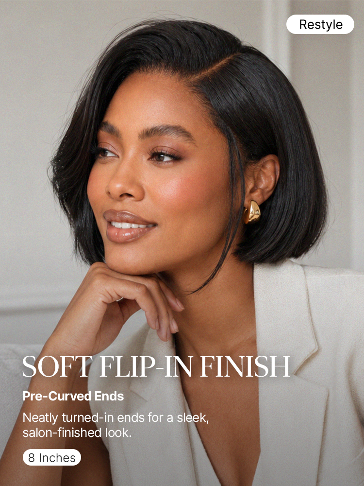 Luvme Hair sleek short bob HD lace wig with pre-cut lace, 180% density, minimalist style, and all-day comfort cap.