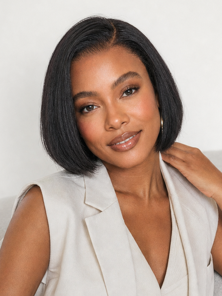 Luvme Hair sleek short bob HD lace wig with pre-cut lace, 180% density, minimalist style, and all-day comfort cap.