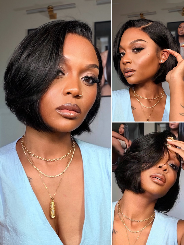 Luvme Hair sleek short bob HD lace wig with pre-cut lace, 180% density, minimalistic style, and all-day comfort cap.