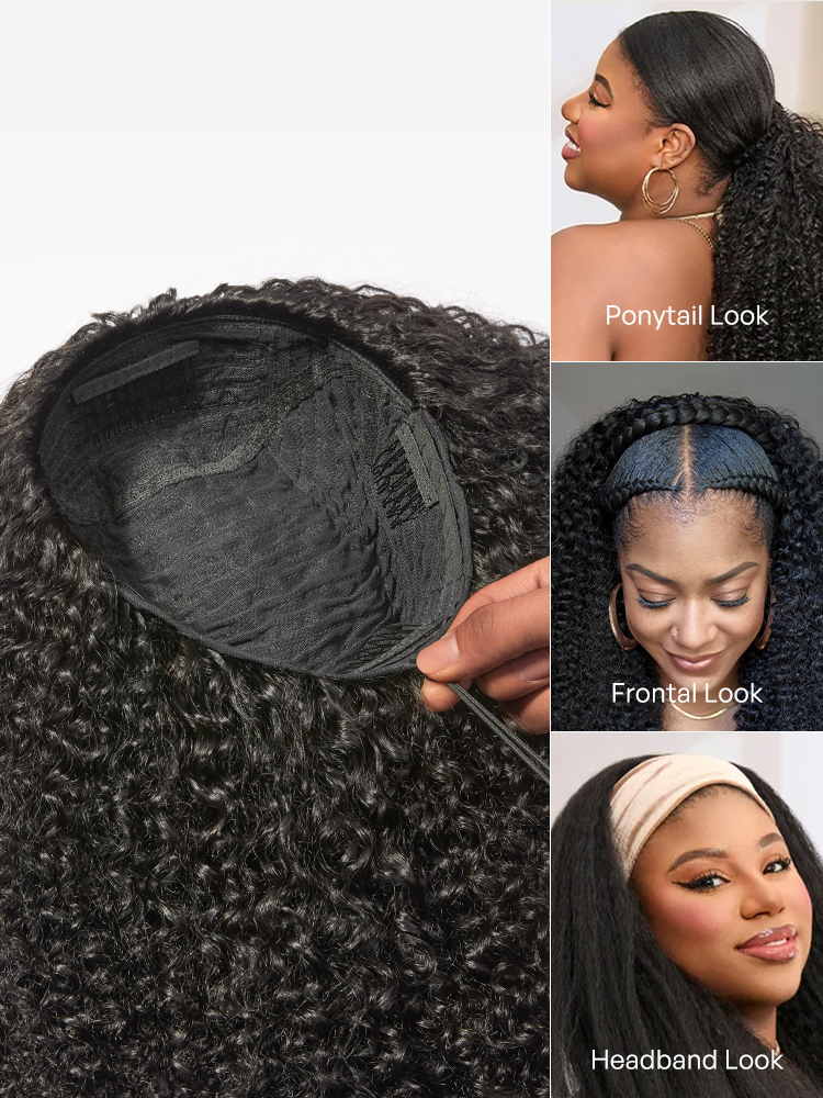 Luvme Hair Too Easy Texture 3-in-1 half wig with kinky curly style, 180% density, glueless flexi-fit drawstring wig on a mannequin head.