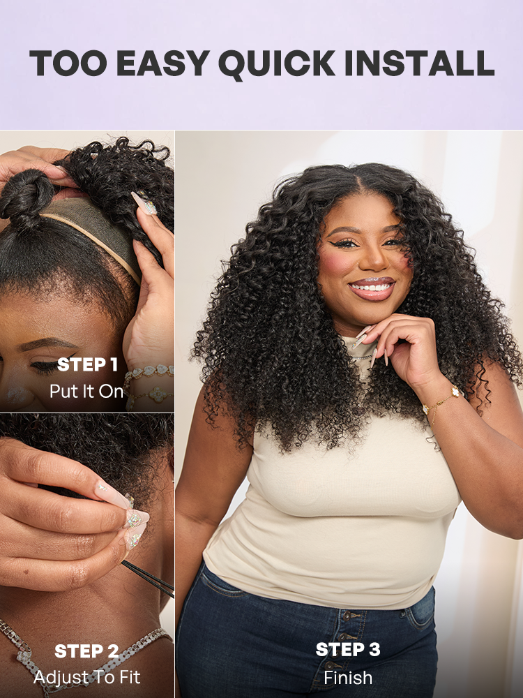 Luvme Too Easy Texture 3-in-1 half wig with kinky curly texture, 180% density, glueless flexi-fit drawstring design, natural hair look