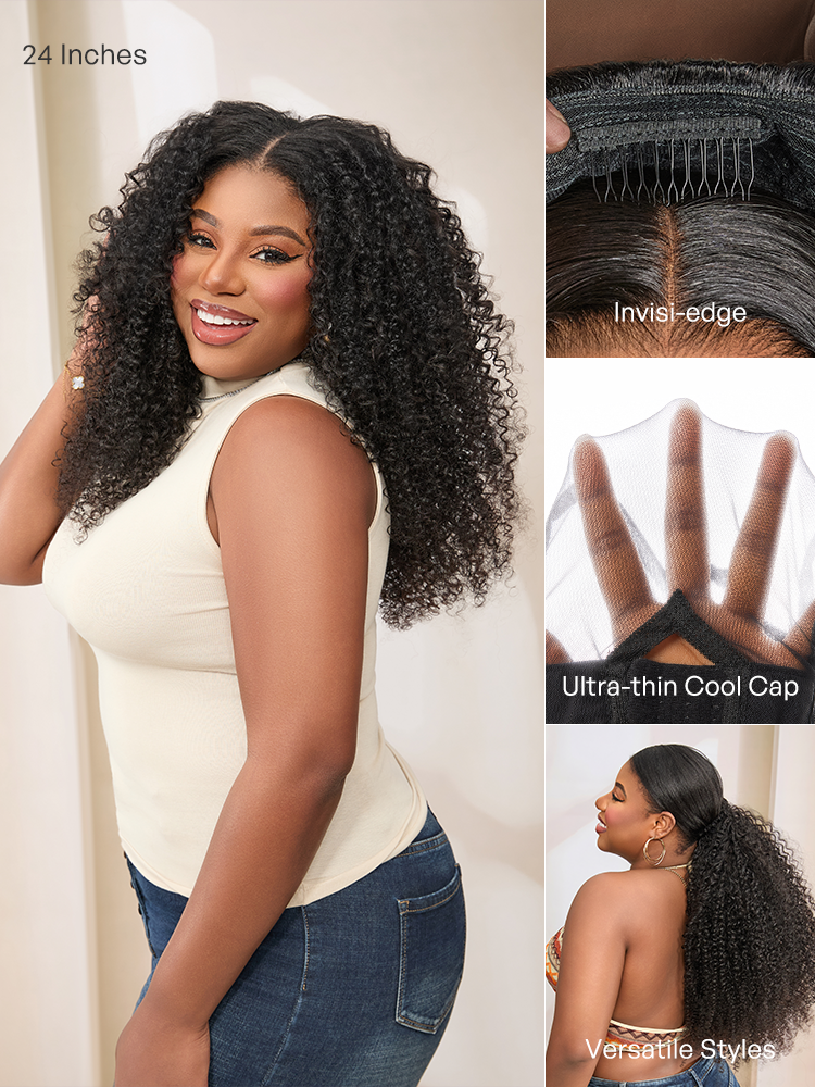 Luvme Hair Too Easy Texture 3-in-1 half wig with kinky curly style, 180% density, glueless flexi-fit drawstring cap, natural hair look