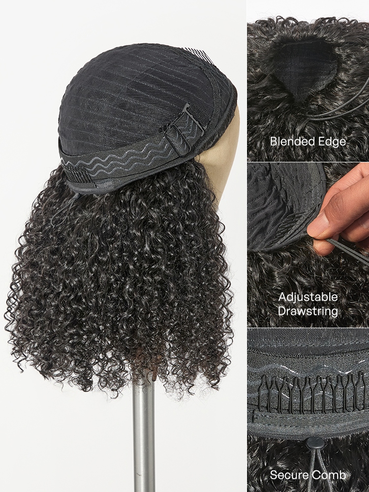 Luvme Too Easy Texture 3-in-1 half wig with kinky curly style, 180% density, glueless flexi-fit drawstring for natural look.