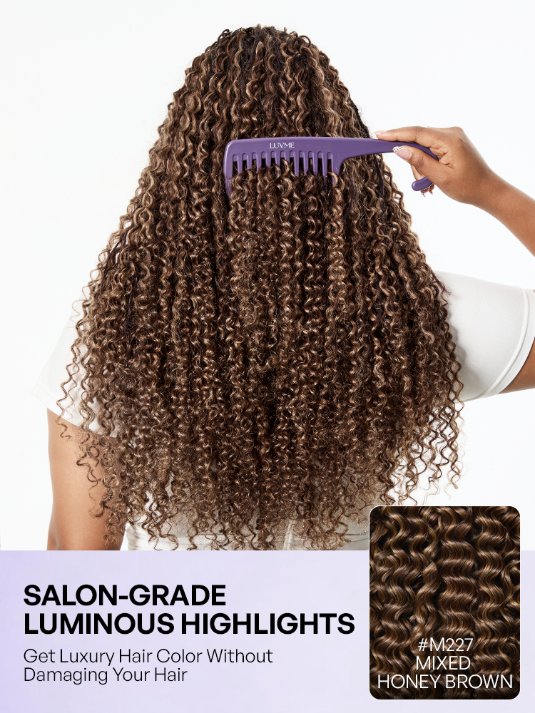 Luvme Hair Miracle Knots colored crochet hair with wet and wavy highlights in mix brown, styled with boho braids and twists.