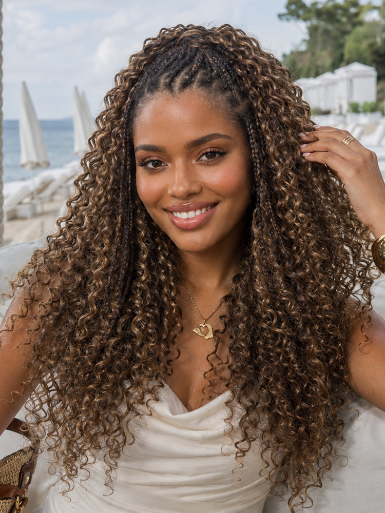 Luvme Hair Miracle Knots colored crochet hair with wet and wavy highlights, brown mix, suitable for boho braids and twists.