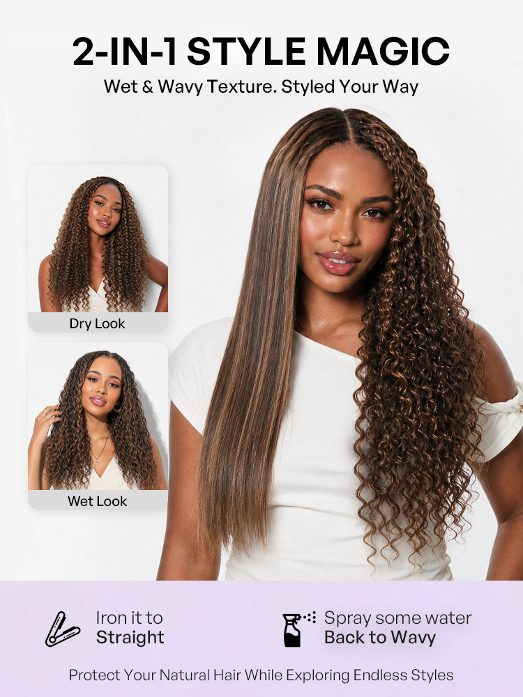 Luvme Hair Miracle Knots colored crochet hair with wet and wavy highlights, full, soft, pre-looped human hair extensions for protective styles