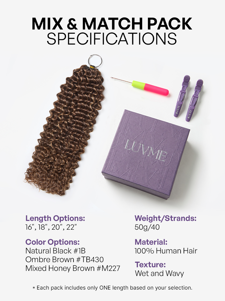 Luvme Hair Miracle Knots colored crochet hair with wet and wavy highlights in mix brown for boho braids, twists, and protective styles.