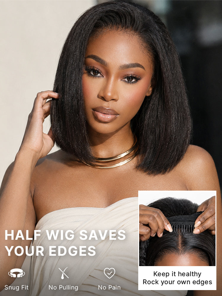 3-In-1 Half Wig 180% Density Kinky Straight Bob Glueless Flexi-Fit Drawstring Wig-31