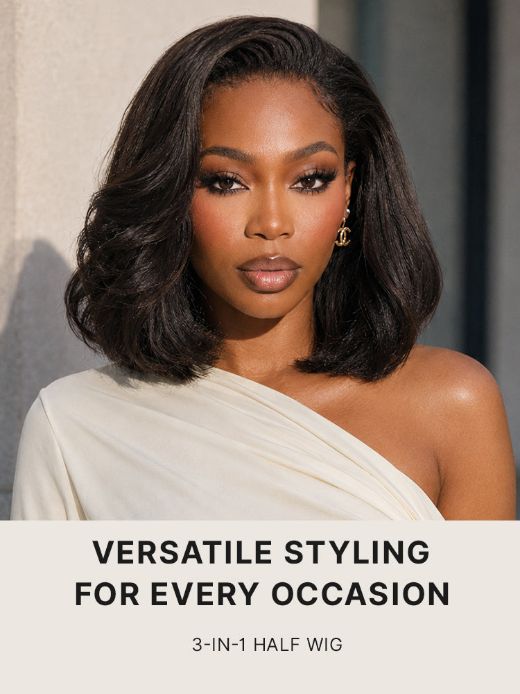 3-In-1 Half Wig 180% Density Kinky Straight Bob Glueless Flexi-Fit Drawstring Wig-32