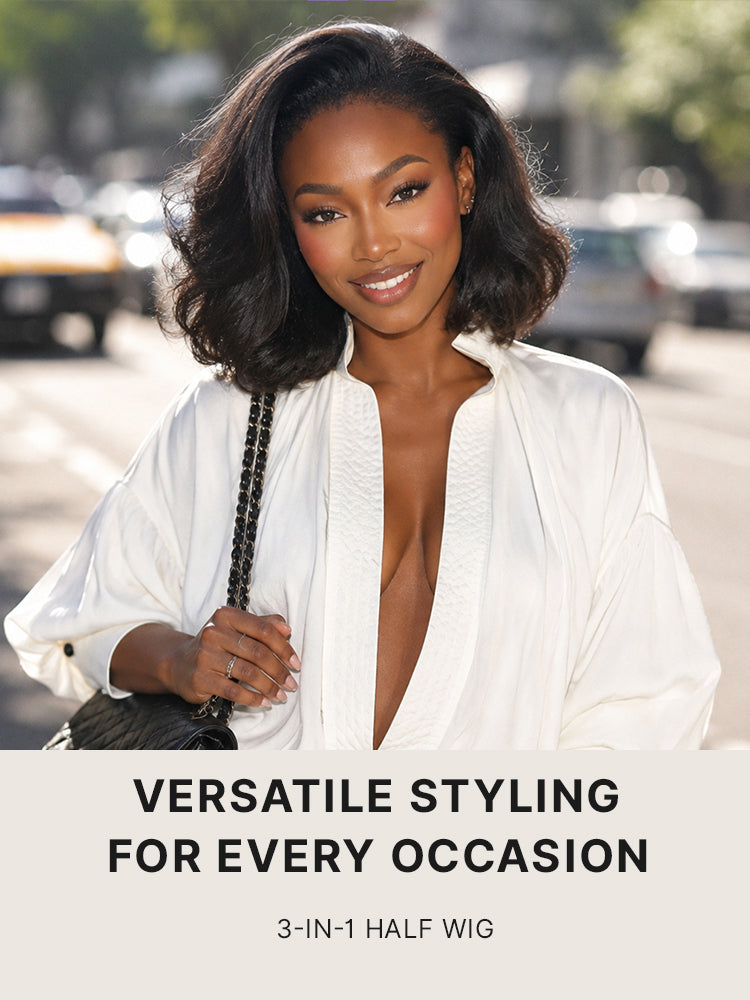 3-In-1 Half Wig 180% Density Kinky Straight Bob Glueless Flexi-Fit Drawstring Wig-33