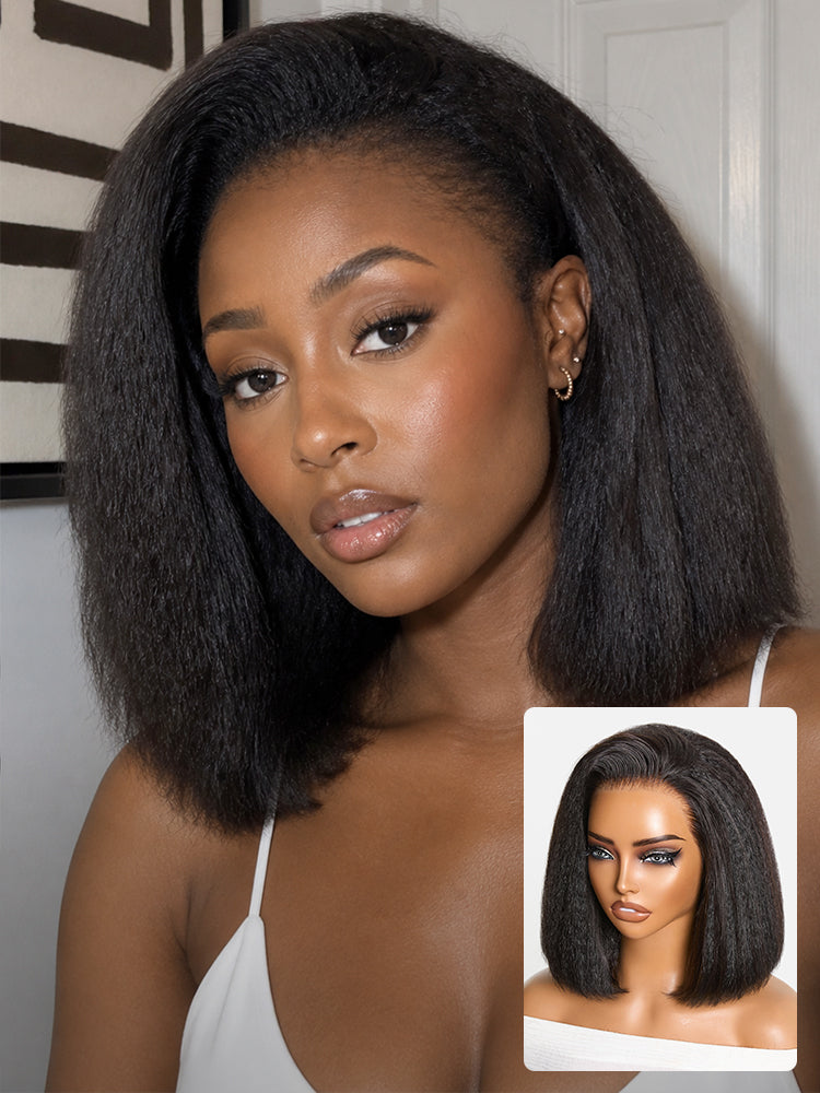 3-In-1 Half Wig 180% Density Kinky Straight Bob Glueless Flexi-Fit Drawstring Wig-28