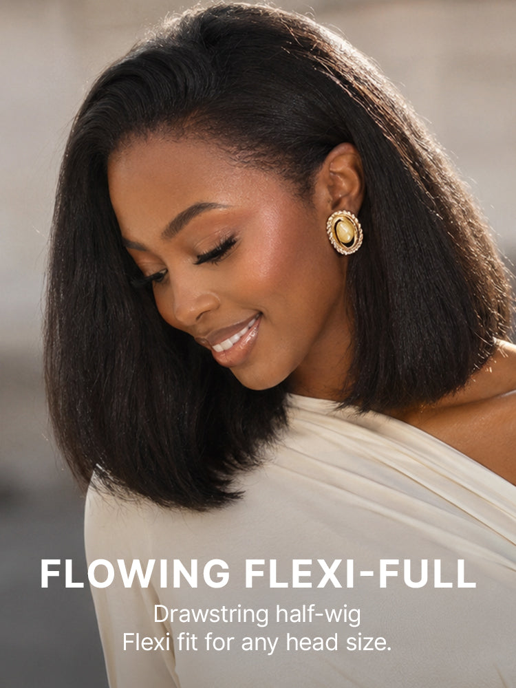 3-In-1 Half Wig 180% Density Kinky Straight Bob Glueless Flexi-Fit Drawstring Wig-29