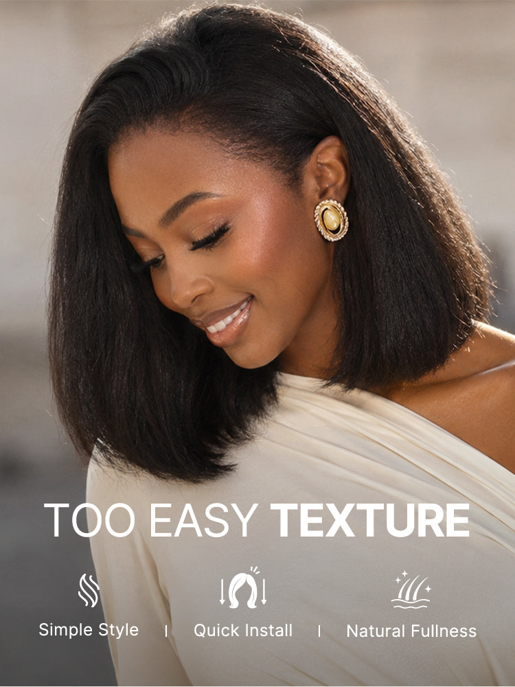 3-In-1 Half Wig 180% Density Kinky Straight Bob Glueless Flexi-Fit Drawstring Wig-36