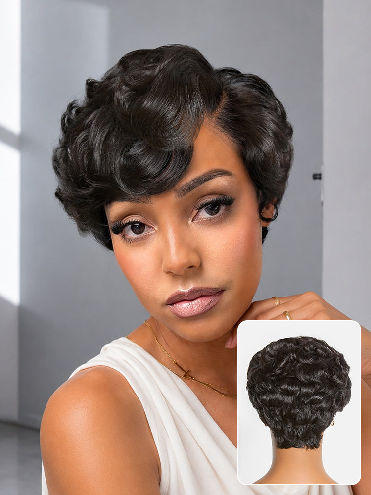 Beginner Friendly Natural Black Lightweight Roll Curl Glueless Minimalist HD Lace Short Pixie Cut Wig Pre Cut Lace-20