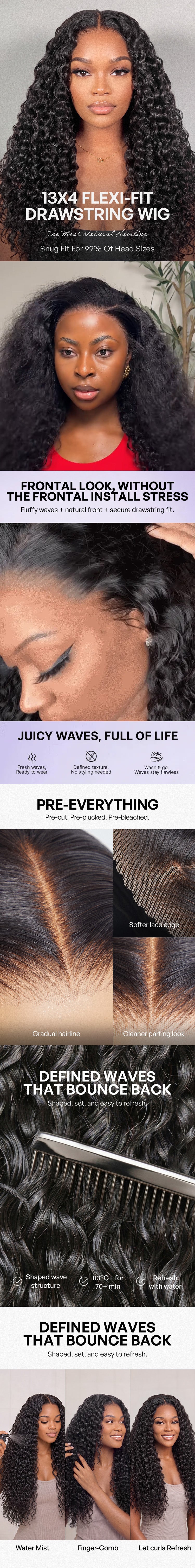PreMax 180% / 250% Density Water Wave Glueless Flexi-Fit Drawstring 13x4 Frontal Lace Fluffy Curly Wig Pre-Cut Lace-139