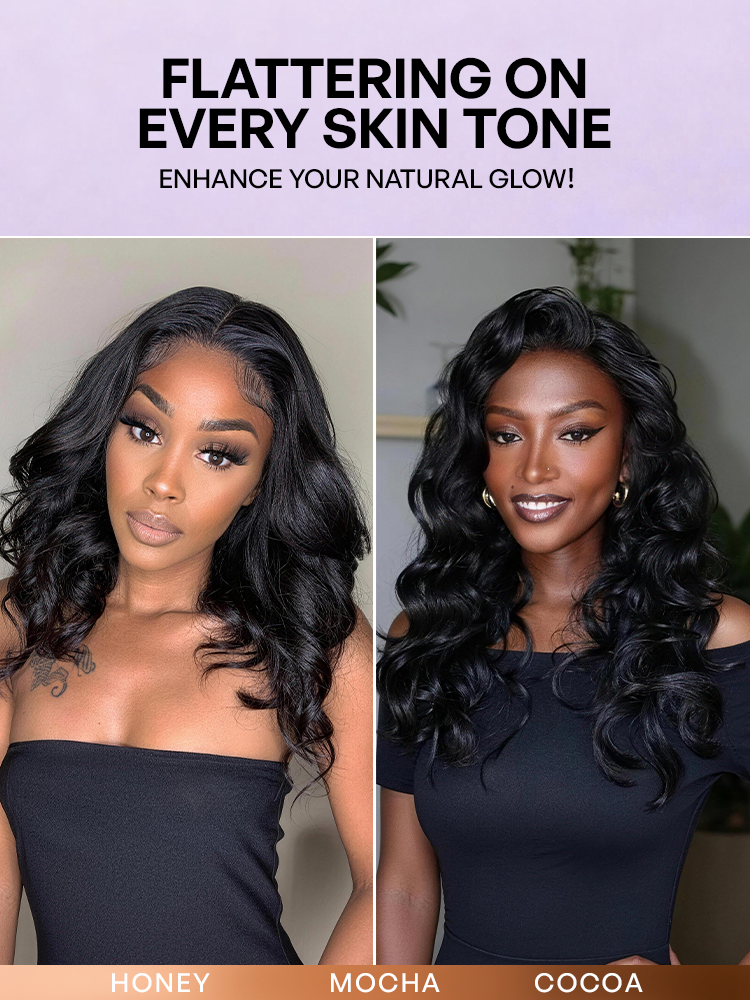 Jet black Luvme Hair 5x5 closure lace wig with loose body wave, glueless design, 100% human hair, natural parting