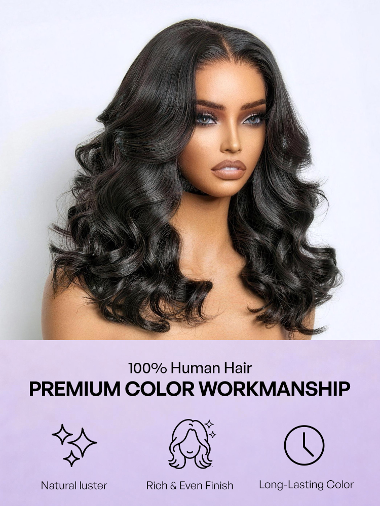 Jet black Luvme Hair 5x5 closure lace wig with loose body wave human hair, glueless design, natural parting and full coverage.