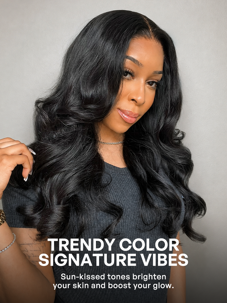 Jet black Luvme Hair 5x5 closure lace wig with loose body wave 100% human hair, showing the natural wave pattern and lace closure.