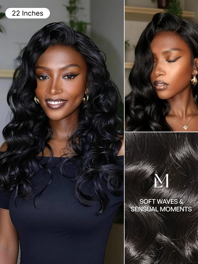 Jet black Luvme Hair 5x5 closure lace wig with loose body wave, glueless, 100% human hair, natural parting and styling.