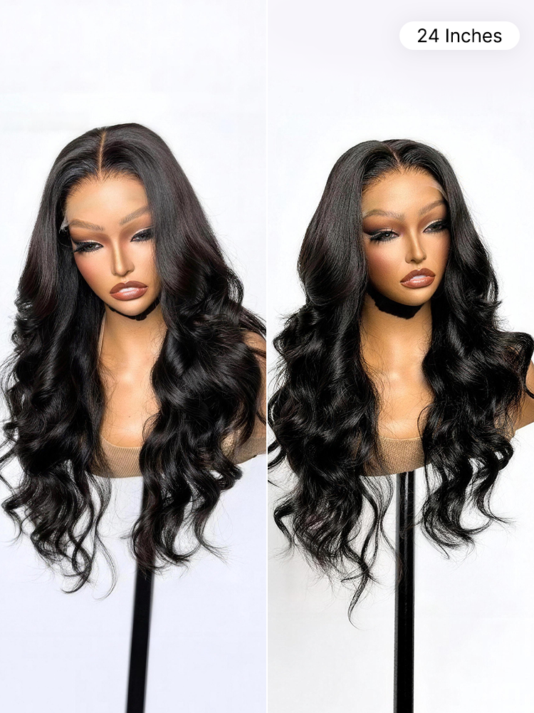 Jet black Luvme Hair 5x5 closure lace wig with loose body wave 100% human hair, glueless, natural parting and full coverage.