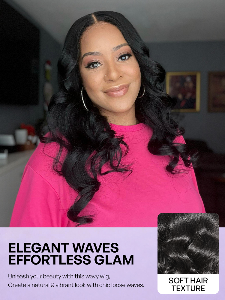 Jet black Luvme Hair 5x5 loose body wave glueless lace closure wig made from 100% human hair, styled with natural waves.