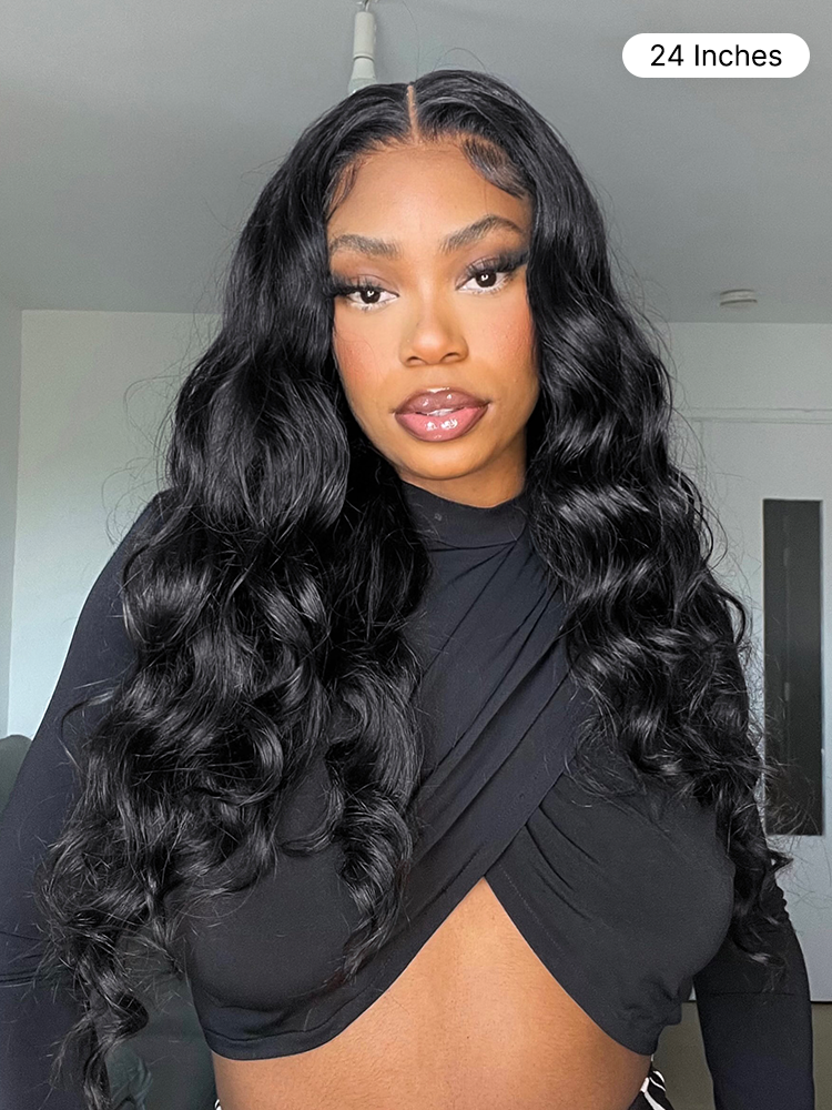 Jet black Luvme Hair 5x5 closure lace wig with loose body wave 100% human hair, showing the lace front and textured waves.