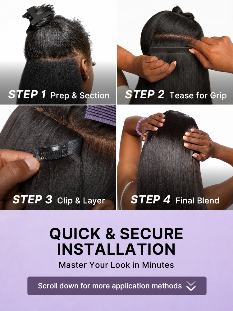 Luvme Hair Yaki Straight 0.59mm clip-in hair extensions in 100g, seamless blend, lightweight for daily styling, 7 or 6 pieces