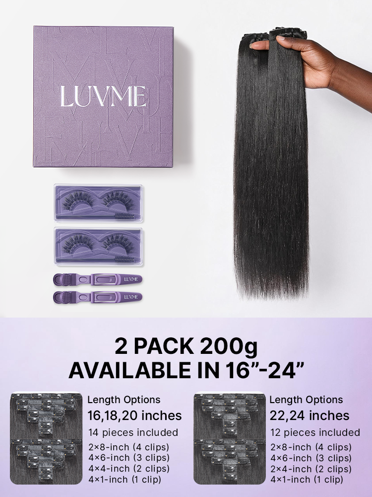 Luvme Hair Yaki Straight clip-in hair extensions, 0.59mm zero trace seamless blend, lightweight for daily styling, 7pcs.